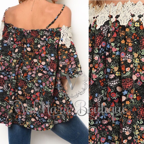 ONLY 2 LEFT Crochet trim floral off shoulder top - Picture 3 of 3